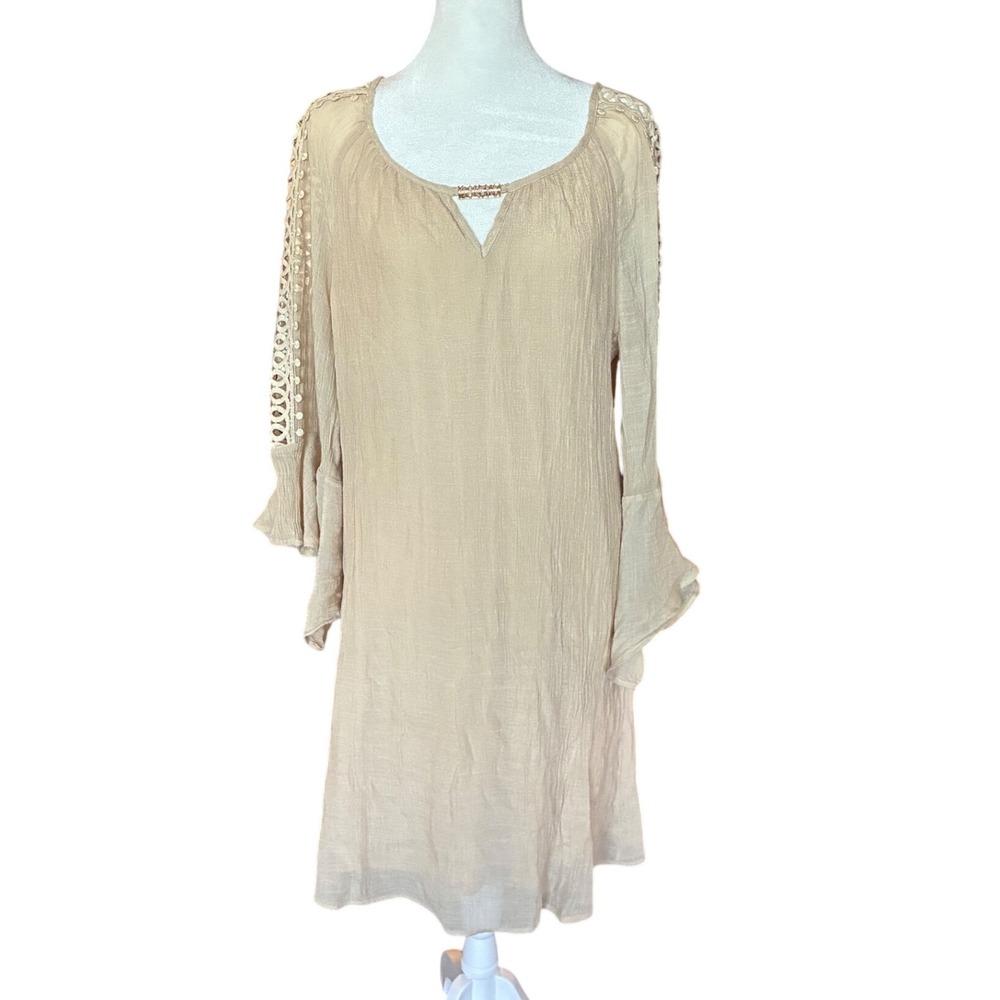 Indigo Rose Women Beige Boho Bell Sleeve Crochet Lace Trim Dress Large